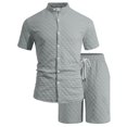 thumbnail image 7 of hotojiny Mens Summer Outfits 2 Piece Beach Vacation Set Plaid Short Sleeve Button down Shirts with Elastic Waist Shorts(Gray,XX-Large), 7 of 7
