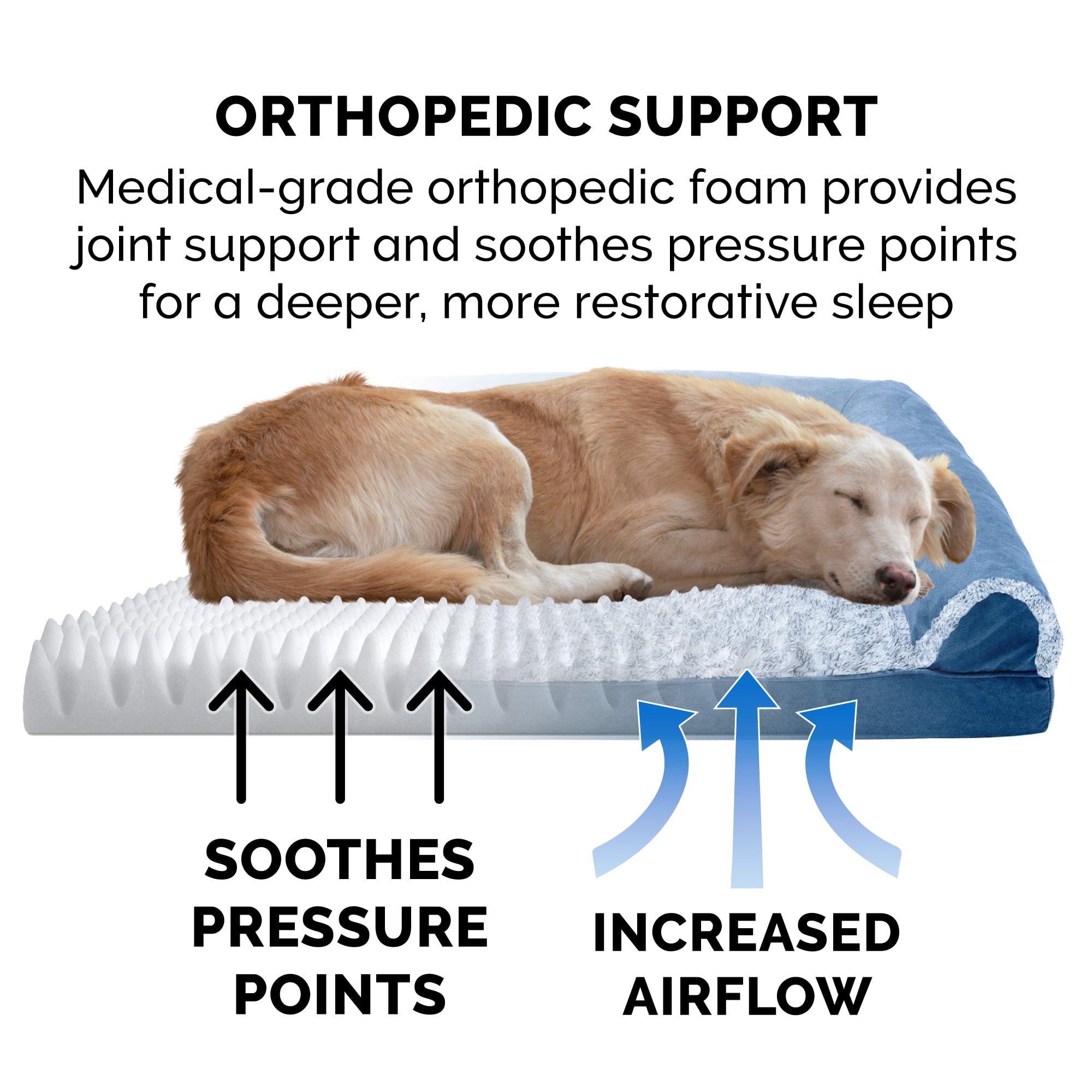 FurHaven Two-Tone Faux Fur & Suede Orthopedic Sofa Pet Bed for Dogs & Cats - Jumbo, Marine Blue