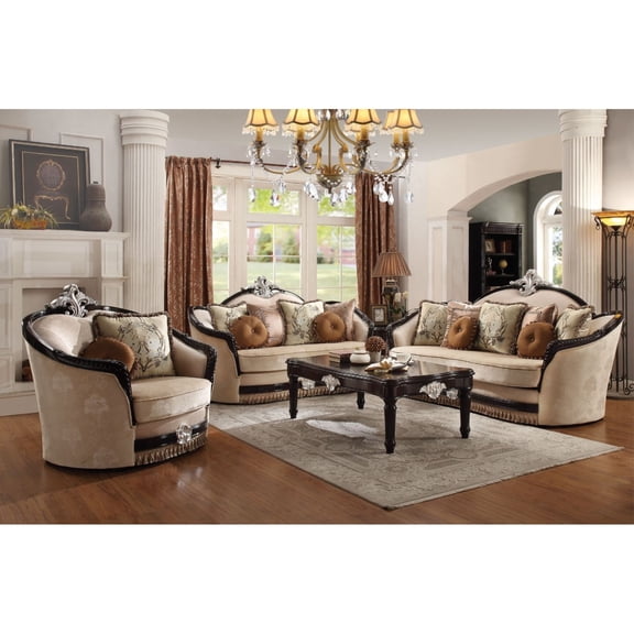 ACME Ernestine Sofa (with 7 Pillows) in Tan Fabric & Black