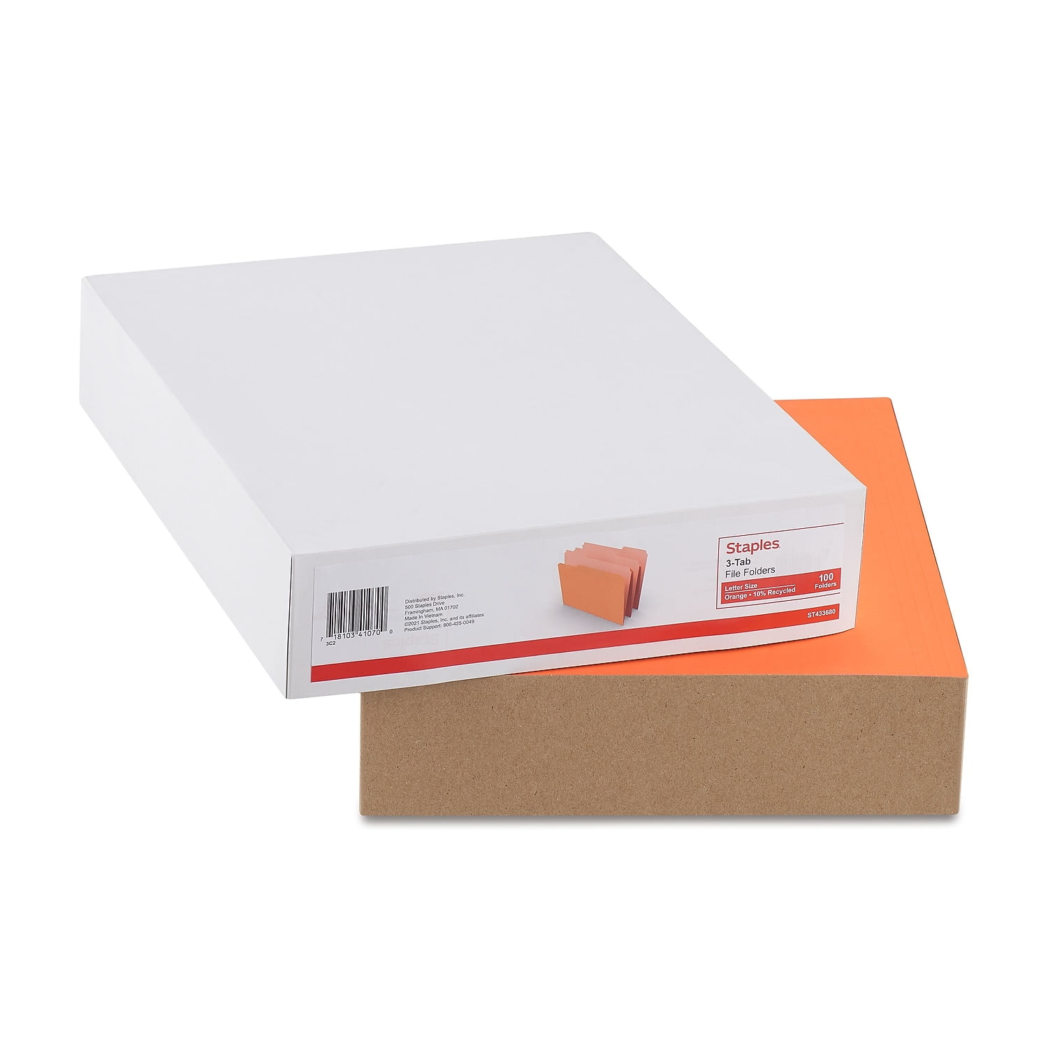 Staples Top-Tab File Folders 3-Tab Letter Size Orange 100/Box (433680) TR433680