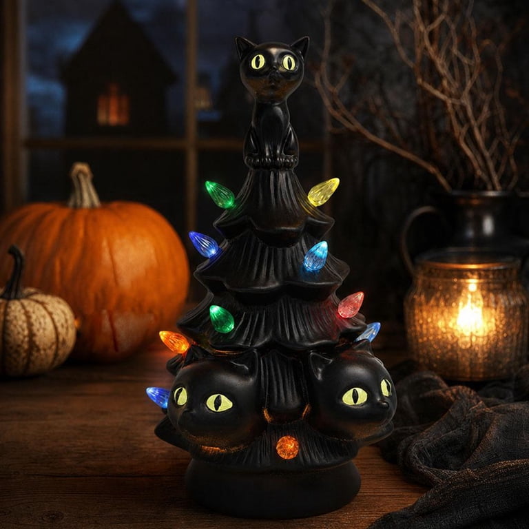 Lighted Halloween Tree Tabletop Decor, Resin Black Cat Figurine, 9.65 ...