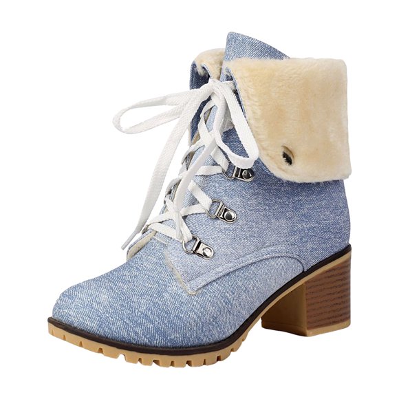 Winter Combat Boots for Women with Plush Furry Lined Warm Non Slip Chunky Heels Mid Calf Snow Ankle Booties