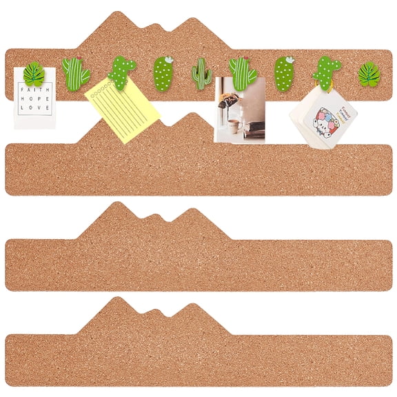 4Pcs Mountain Shape Cork Board Strips Self Adhesive Corkboard Pin Board Bulletin Board with 20Pcs Cactus Wood Scene Pushpins