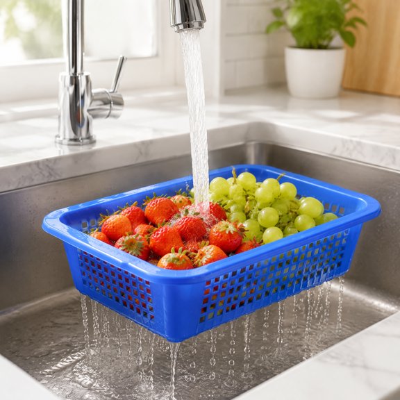 FENGGUIQU 4-Pack Plastic Drain Baskets for Kitchen, Fruit & Vegetable Storage Containers, Assorted Colors for Home Organization