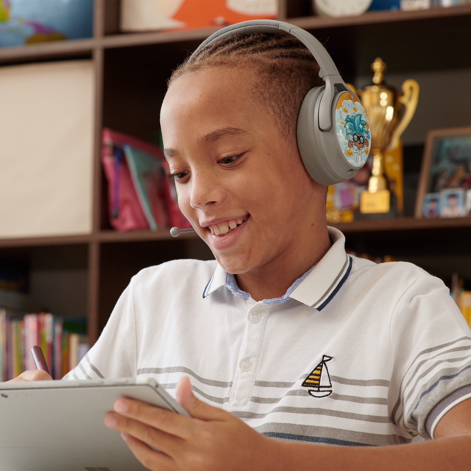 BuddyPhones Cosmos+, Over-Ear Bluetooth Wireless Noise Cancelling Kids Headphones with Detachable Boom Mic, 3 Volume Limiting Settings, Voice Enhance StudyMode, 24-Hrs Battery, Foldable, Grey Matter