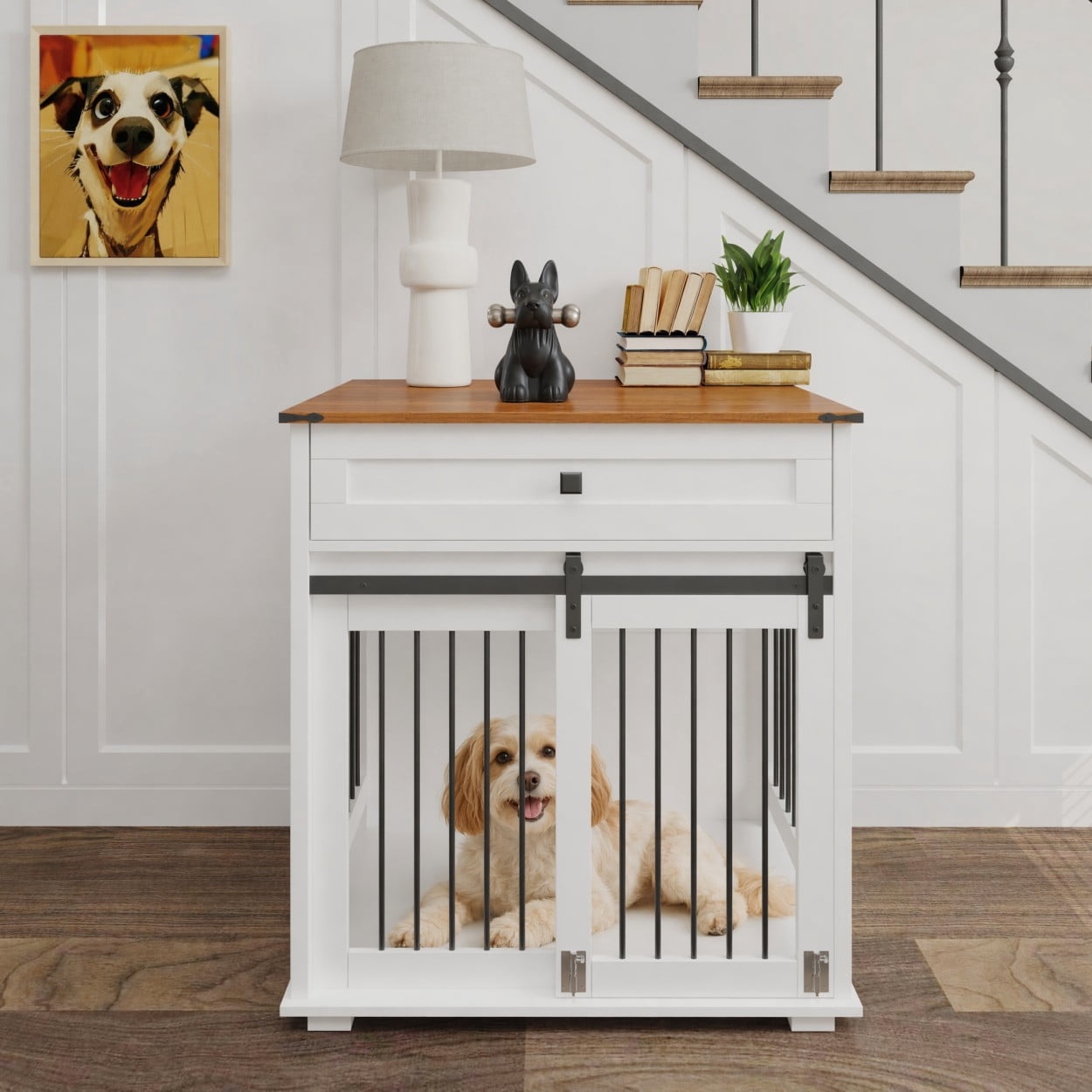 Dog Crate Furniture with Sliding Barn Door, Storage Drawer & Metal Bars, Heavy Duty Indoor Kennel End Table for Small & Medium Dogs, Brown white