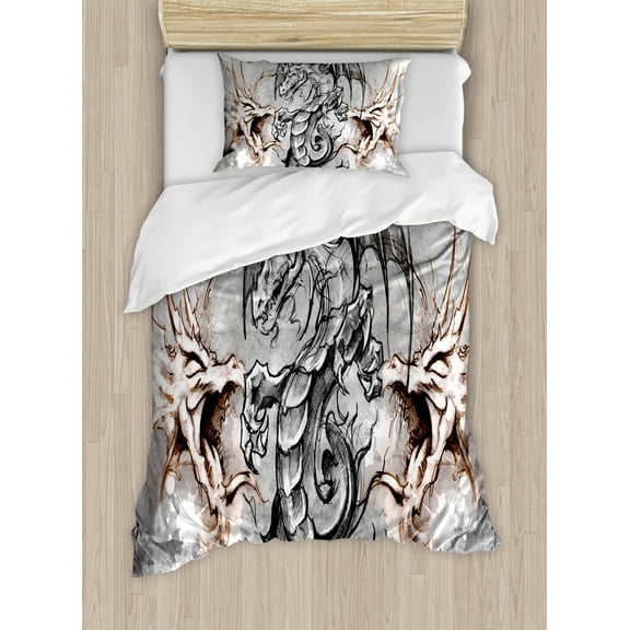 Dragon Duvet Cover Set, Scary Creature in Sketch Horror Scene Monster Tattoo Art Gothic Picture, Decorative 2 Piece Bedding Set with 1 Pillow Shams, Twin Size, Grey Umber, by Ambesonne
