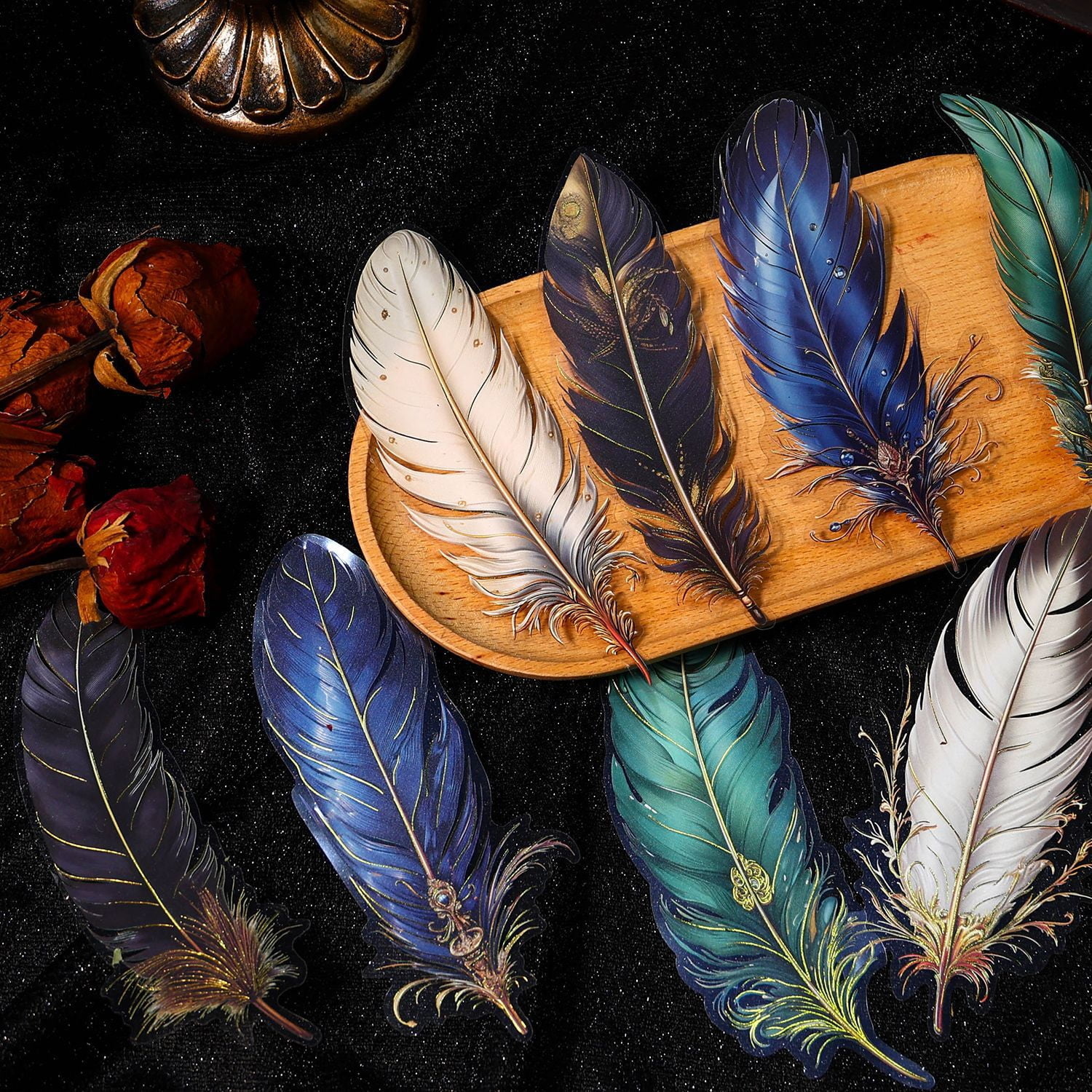 "Ancient Forest" PET Gold Foil Stickers - Angel Feather Series, 5 Sheets of Vintage Feather Journaling and Collage Material