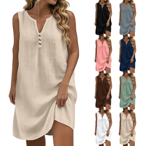Zormilly Womens Summer Dresses Relaxed Cotton Linen Sleeveless V Neck Dress with Button Breathable Vacation Mini Sundress, S-3XL