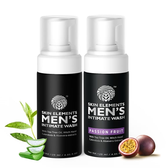 Combo de lavado íntimo para hombre Skin Elements - Paquete de 2 | Aceite de árbol de té (clásico)+maracuyá | Previene la picazón, la irritación y el mal olor | (240ml)