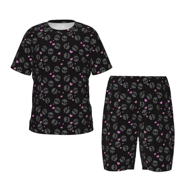 Balery Cool Skull Love Conjunto de Pijama Infantil de Manga Corta con Estampado – Ropa de Dormir de Algodón Suave-Medium