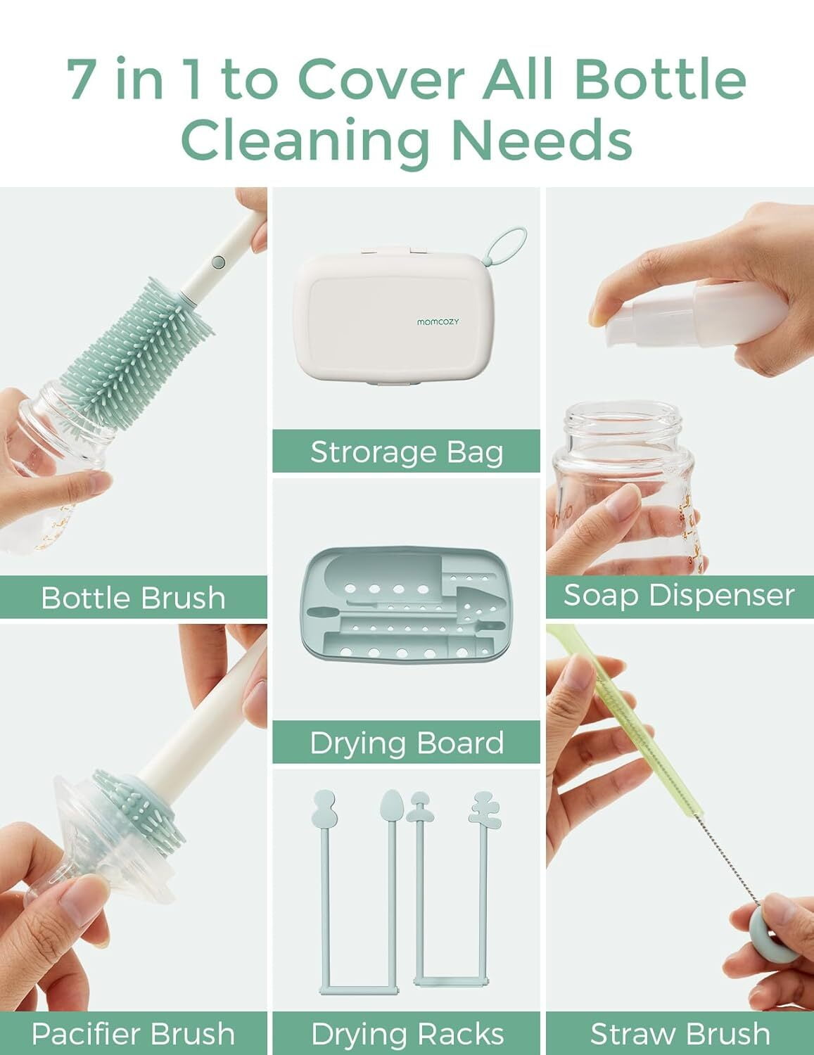 Momcozy Portable Bottle Brush Set - Baby Bottle Cleaner Kit with Silicone Brush, Drying Rack - 6 in 1 Bottle Cleaning Tool for Home and Travel Green 1 Set