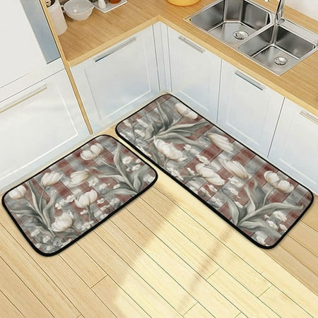 

Wobogo White Tulip Flowers Kitchen Carpet Set of 2 Absorbent and Stain Resistant Non-slip Star Rubber Backing