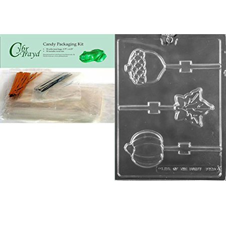 Assorted Leaves - CybrTrayd F123 Fall Assorted Lollies Pumpkin, Leaf, Acorn Lolly Chocolate Candy Mold with 4.5-Inch Lollipop Sticks, Clear