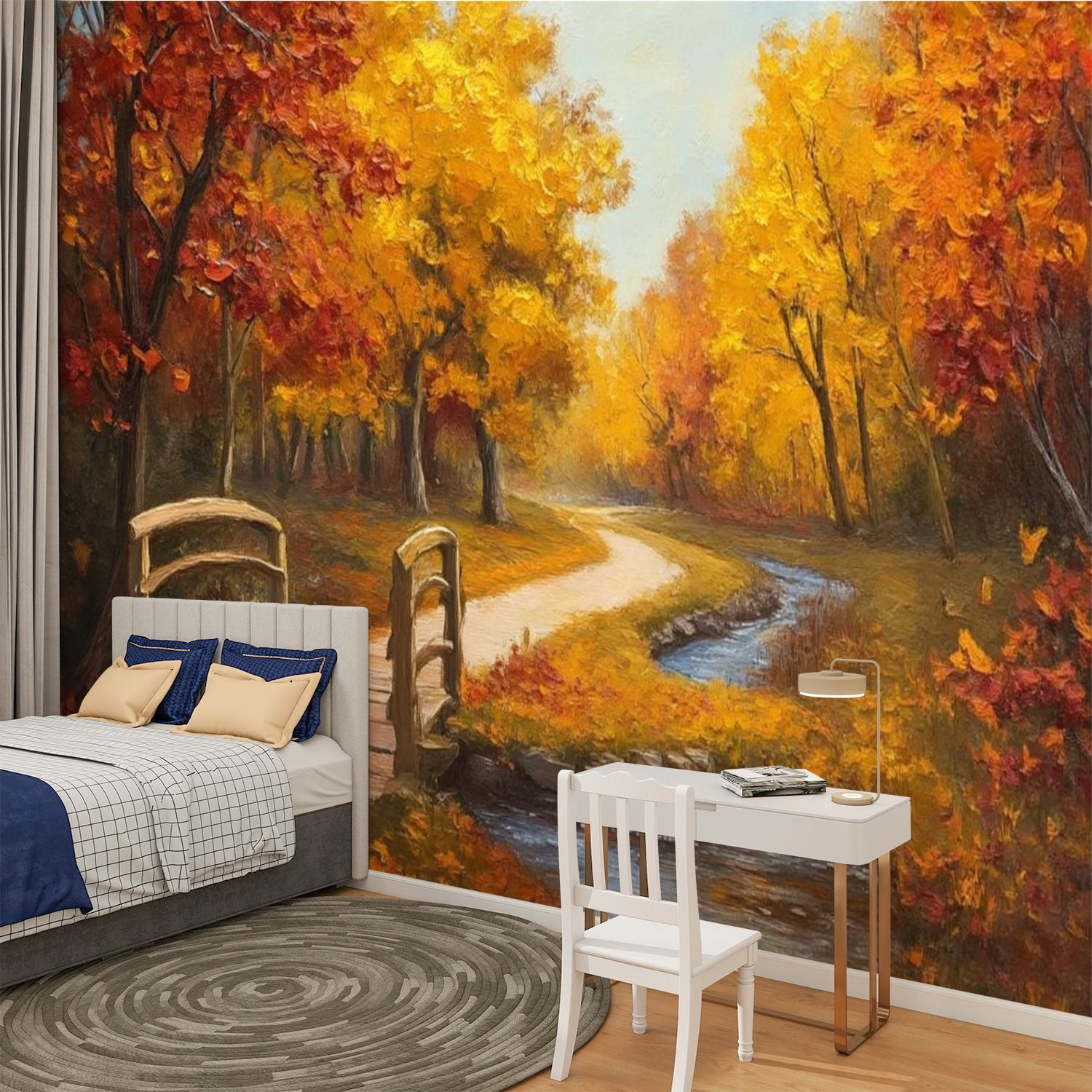 Peel and Stick Wallpaper Oil Painting Autumn Forest River Bright Red Leaves Colorful Bridge Modern Art Wall Mural Decor Self Adhesive and Removable 100in x 144in