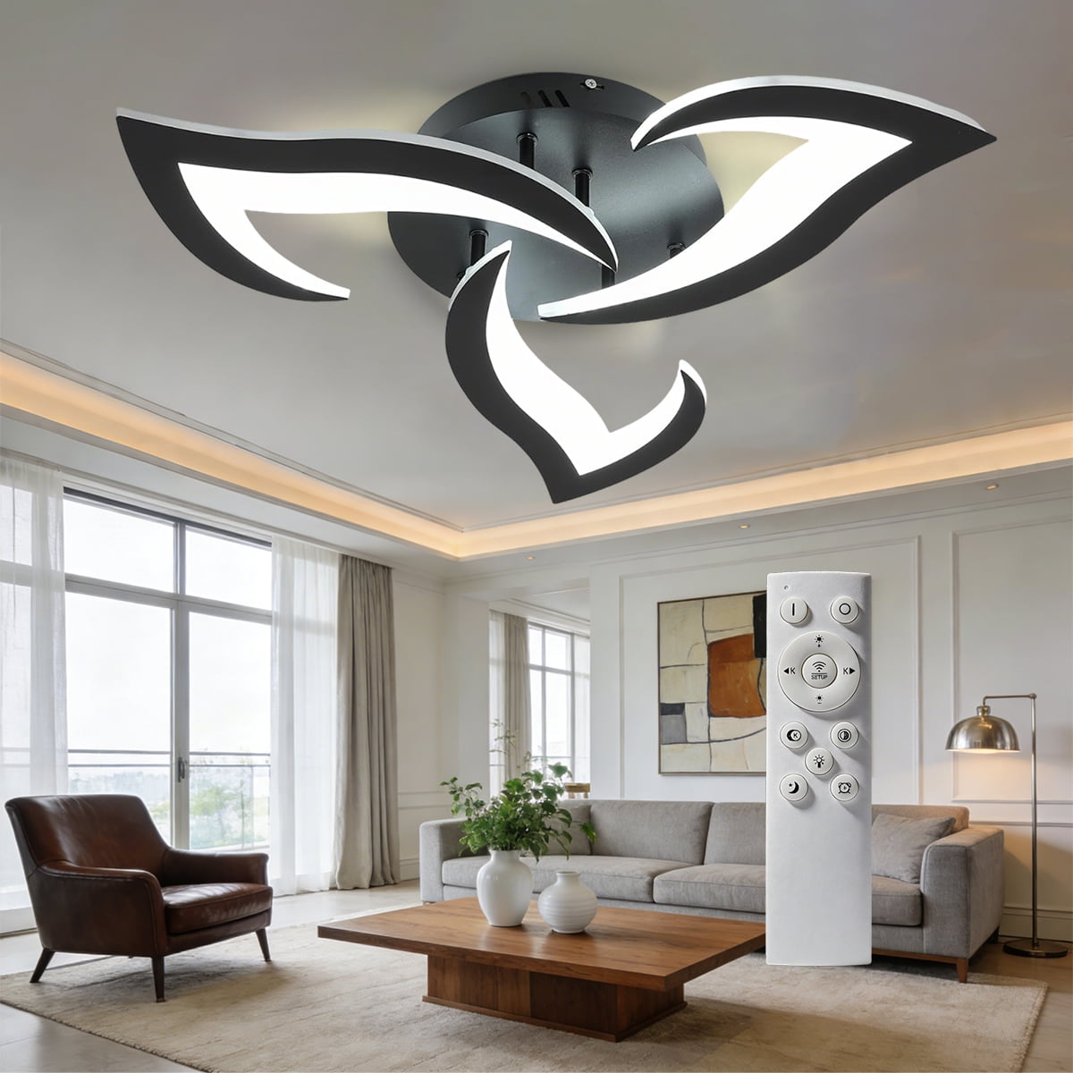 Modern Semi Flush Mount Ceiling Light, 20 inch Dimmable LED Chandelier Low Profile Ceiling with Remote Control, Ceiling Lamp Fixture for Living Room Dining Room Bedroom, Black