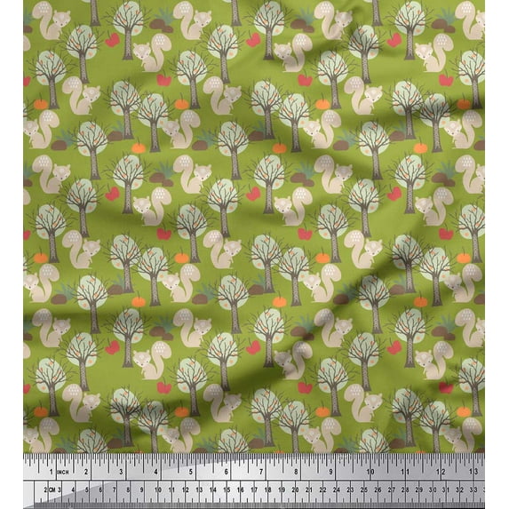 Soimoi Green Georgette Viscose Fabric Squirrel & Dry Tree Decor Fabric Printed Yard 42 Inch Wide