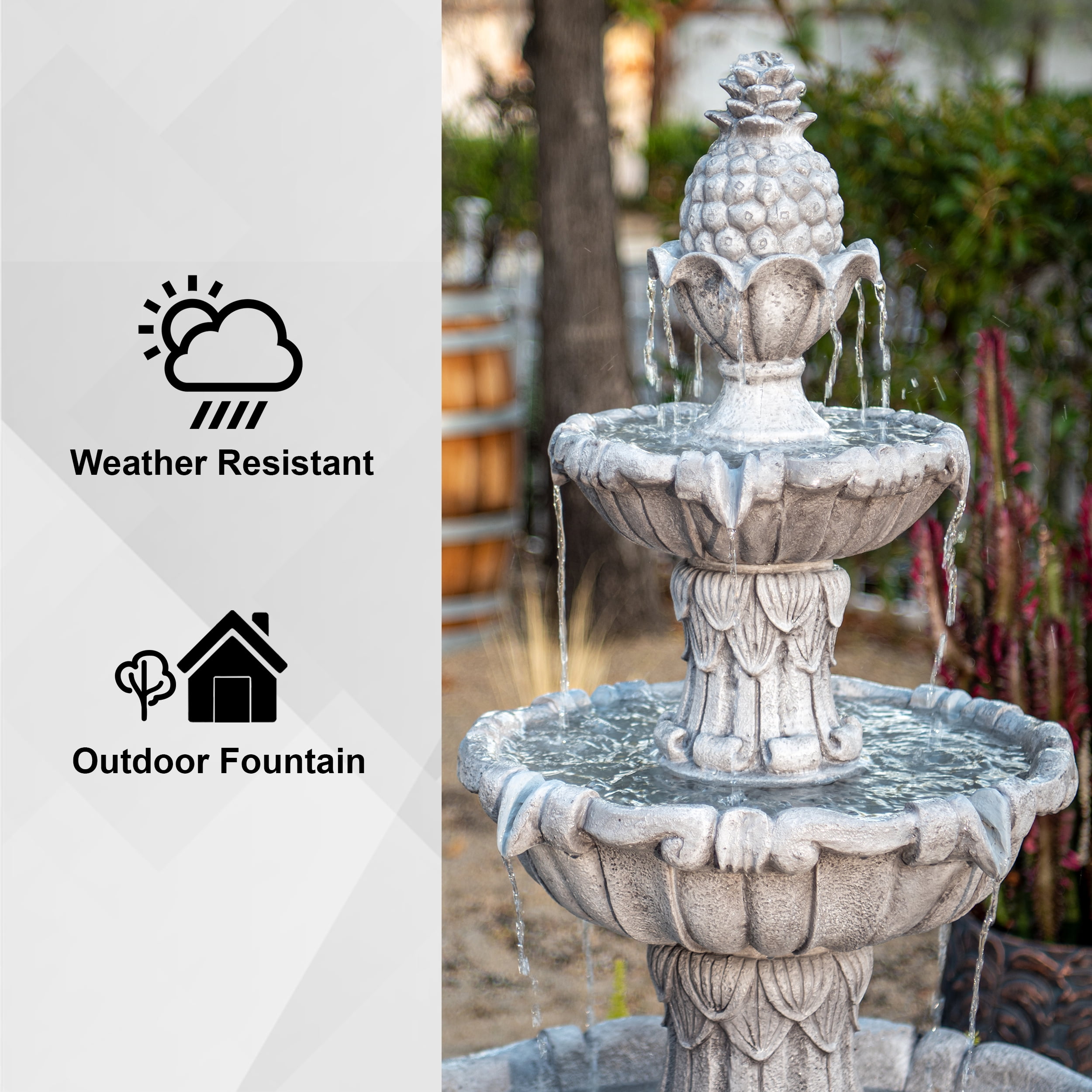 XBrand 58.3" 3-Tier Electric Outdoor Water Fountain – Gray Resin Leaf Design, Large Bird Bath with Pump, Perfect for Yard, Lawn, and Garden Décorand Garden, Porch Décor
