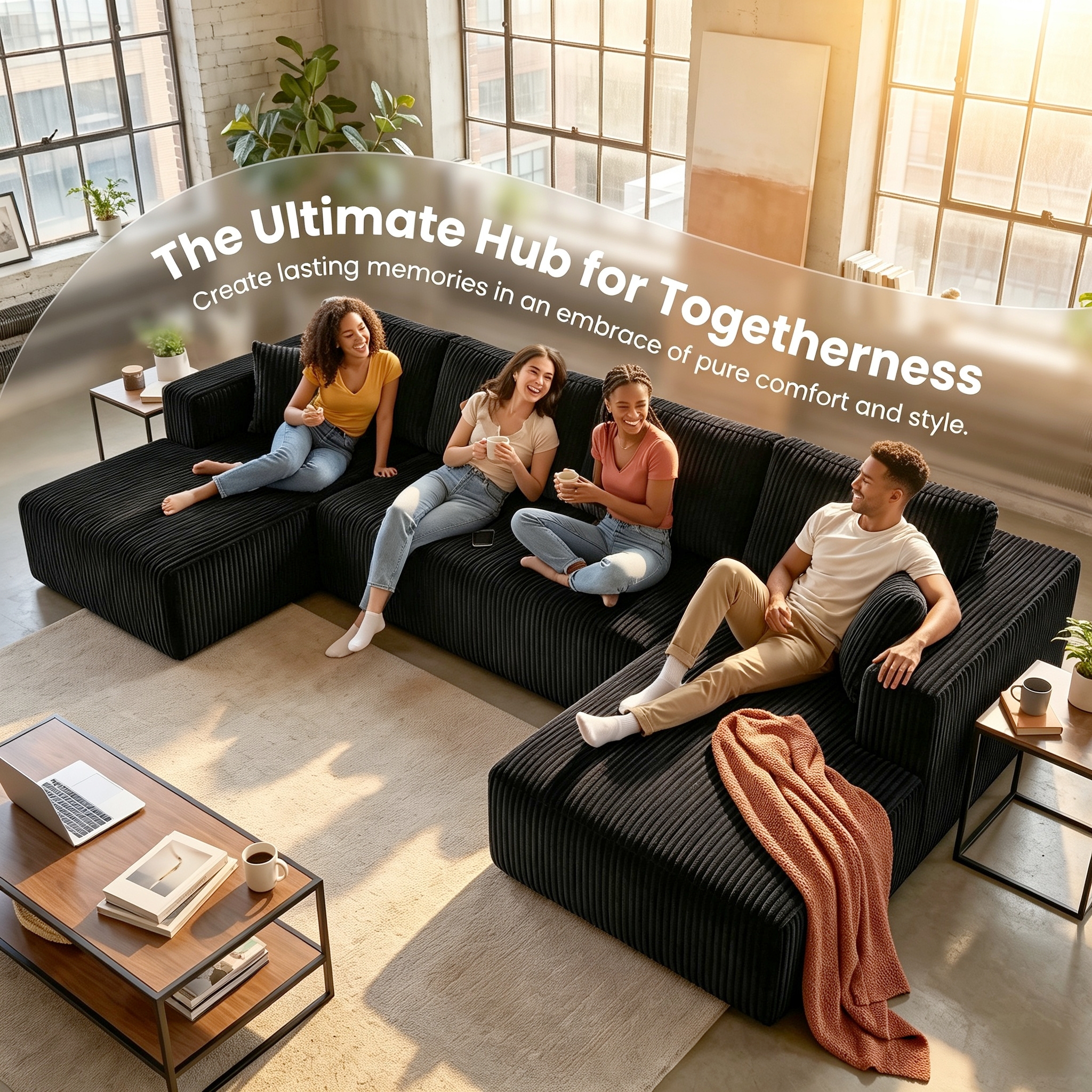 ShiKeyi 132.5" Modern U-Shaped Modular Sectional Sofa with Double Chaise, Corduroy Fabric Cloud Couch Set with Storage Pockets for Living Room, No Assembly Required, Black