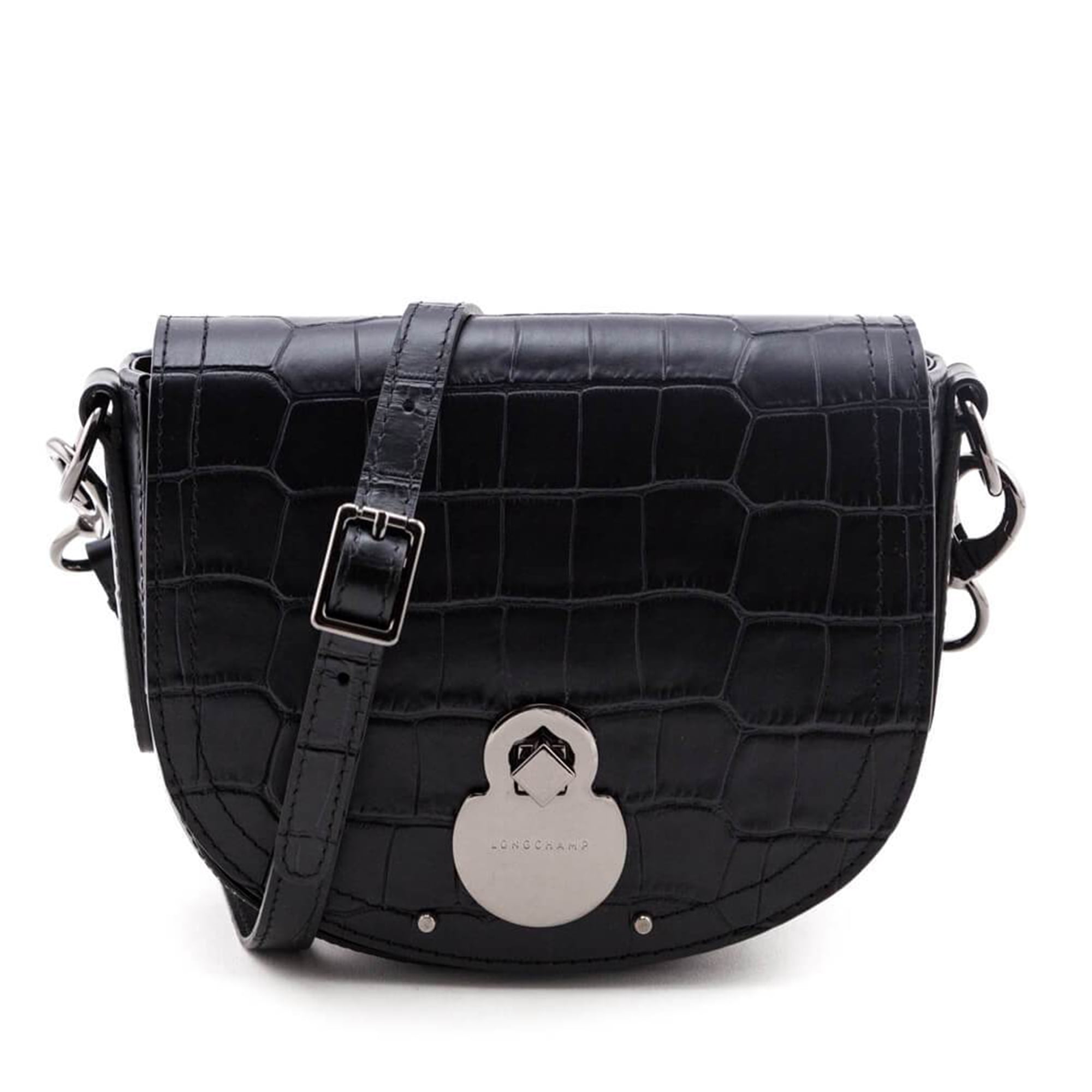 LongChamp Women's Black Cavalcade Embossed Croc Leather Crossbody