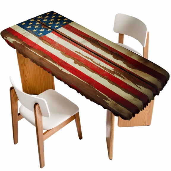 Vintage American Flag Table Cloths for 8 Foot Rectangle Tables, Country Stars Stripes Wood US Flag Patio Waterproof Elastic Fitted Tablecloths, Washable Rectangular Table Cover for Camping