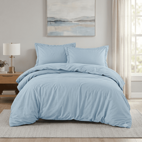 400 Thread Count 100% Egyptian Cotton Duvet Cover Set, 3 Piece Bedding Set with Zipper Closure & Corner Ties, Soft Breathable , Light Blue, Twin/Twin XL
