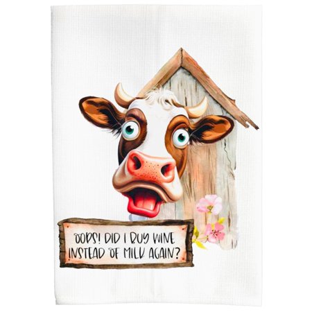 Cow Moo Oops Did I Buy Wine Instead of Milk Again? Farm House Funny Sublimation Gift Kitchen Bath White Linen Hand Towel DZ259L
