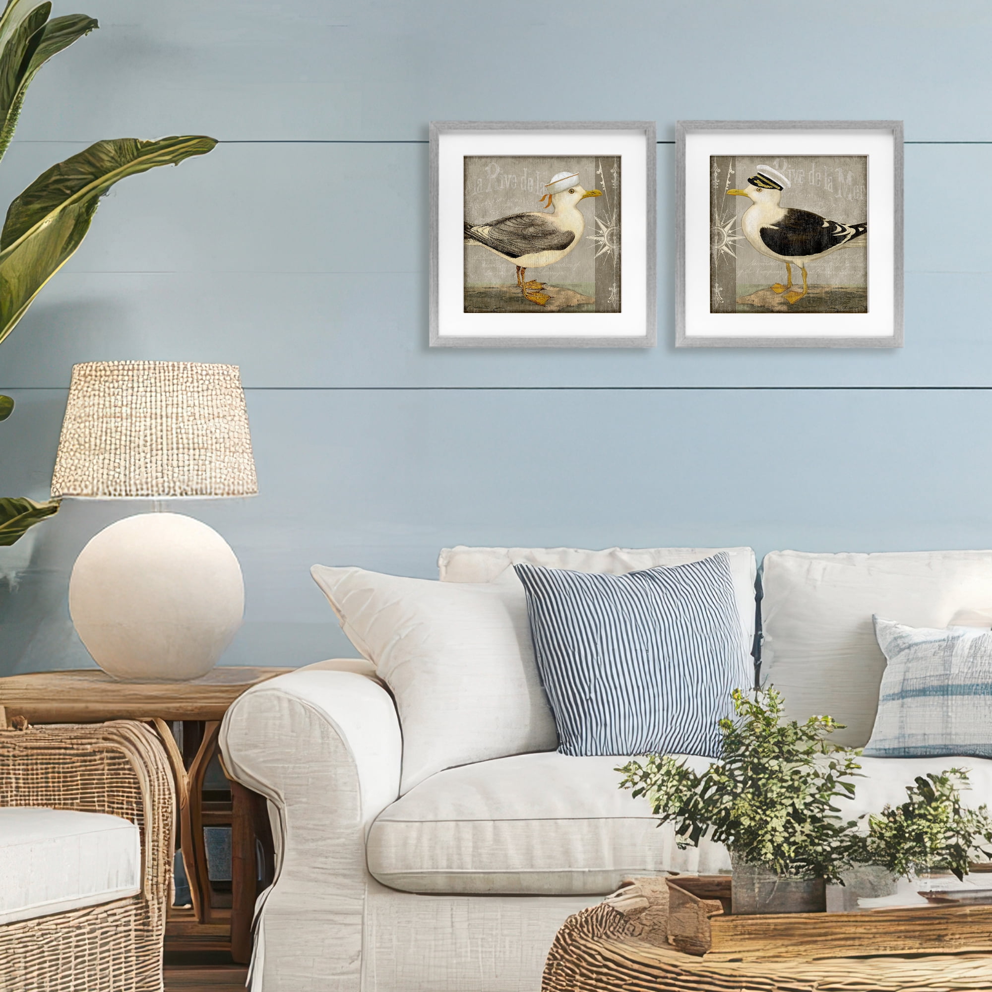 Stupell Industries Little Seagulls with Hats 2 Piece Gray Framed Print Under Glass Set, design by Suzanne Nicoll