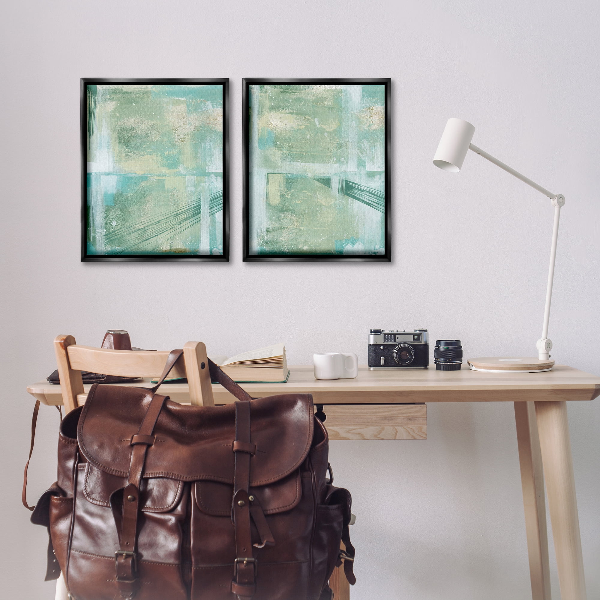 Stupell Industries Teal Abstract Bridge Cityscape Abstract Painting Black Floater Framed Canvas Art Print Wall Art, 17 x 21, Set of 2