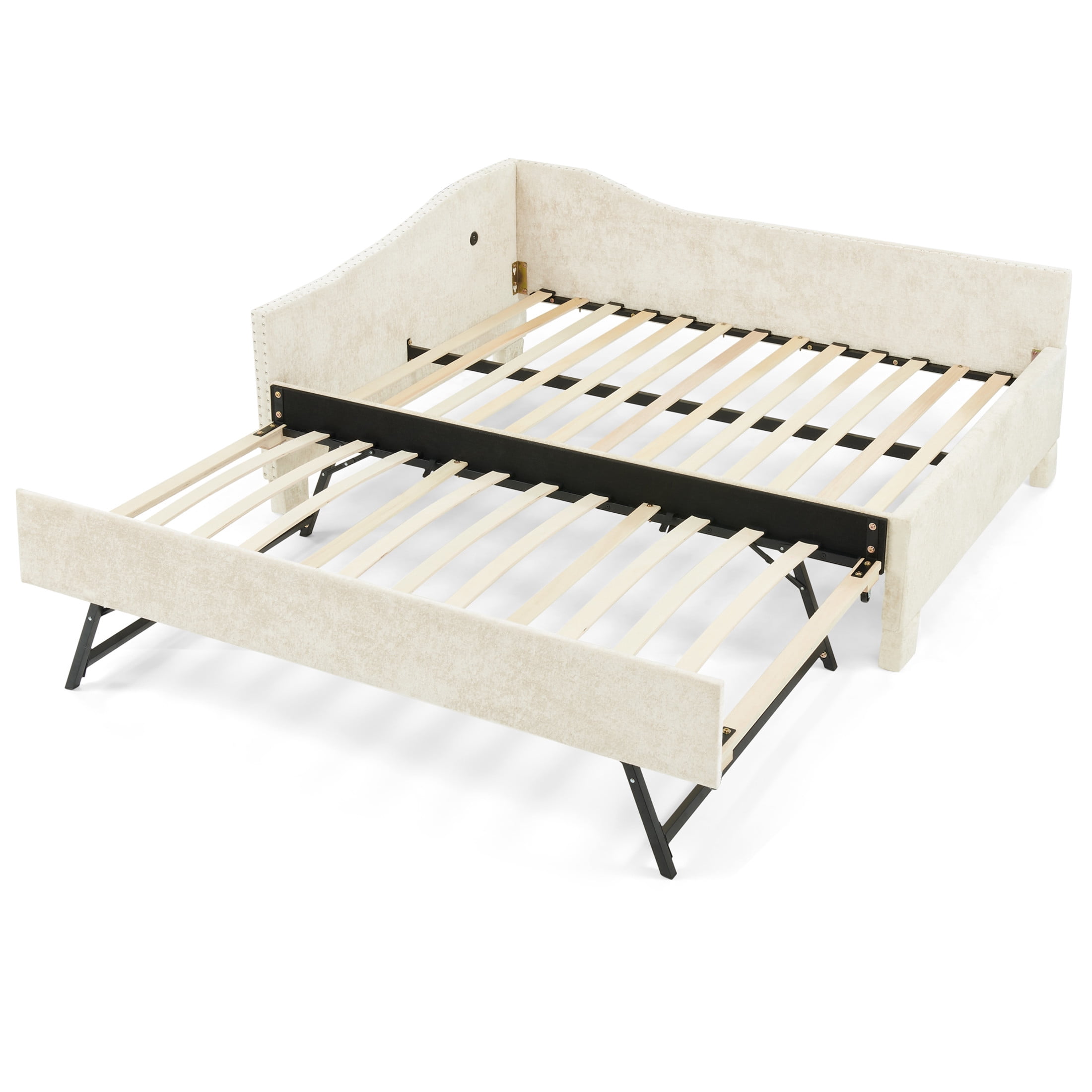 Noble House Phineas Twin Size Chenille Padded Daybed, Sofa Bed Frame with Twin Trundle and Charging Port, Beige