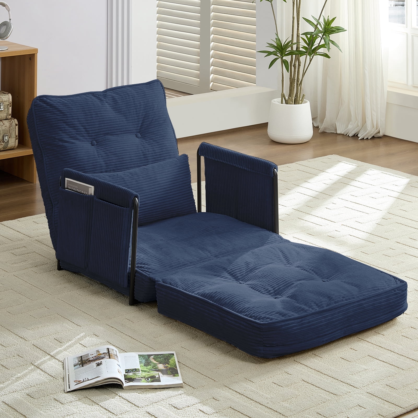 BALUS Futon Folding Sofa Bed, 4-in-1 Floor Couch with Foldable Mattress, Convertible sofa beds for Living Room, Corduroy, Dark Blue