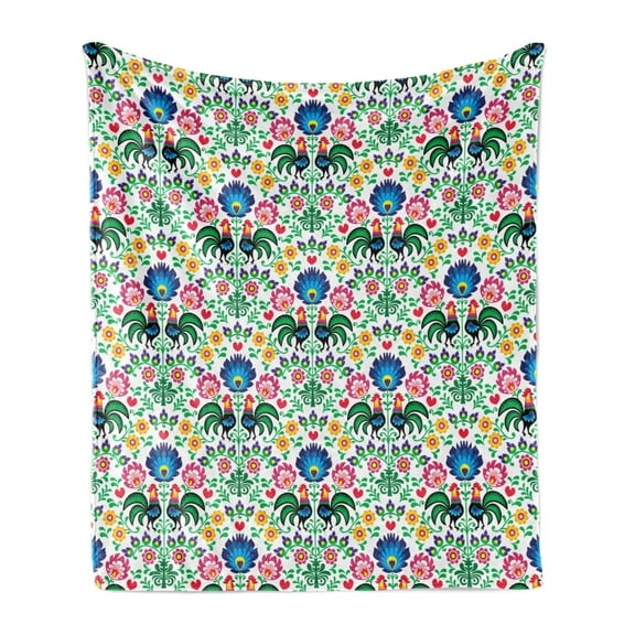 Polish Folk Art Soft Flannel Fleece Throw Blanket, Continuous Botany Inspired Floral Pattern with Flora and Roosters, Cozy Plush for Indoor and Outdoor Use, 50" x 70", Multicolor, by Ambesonne