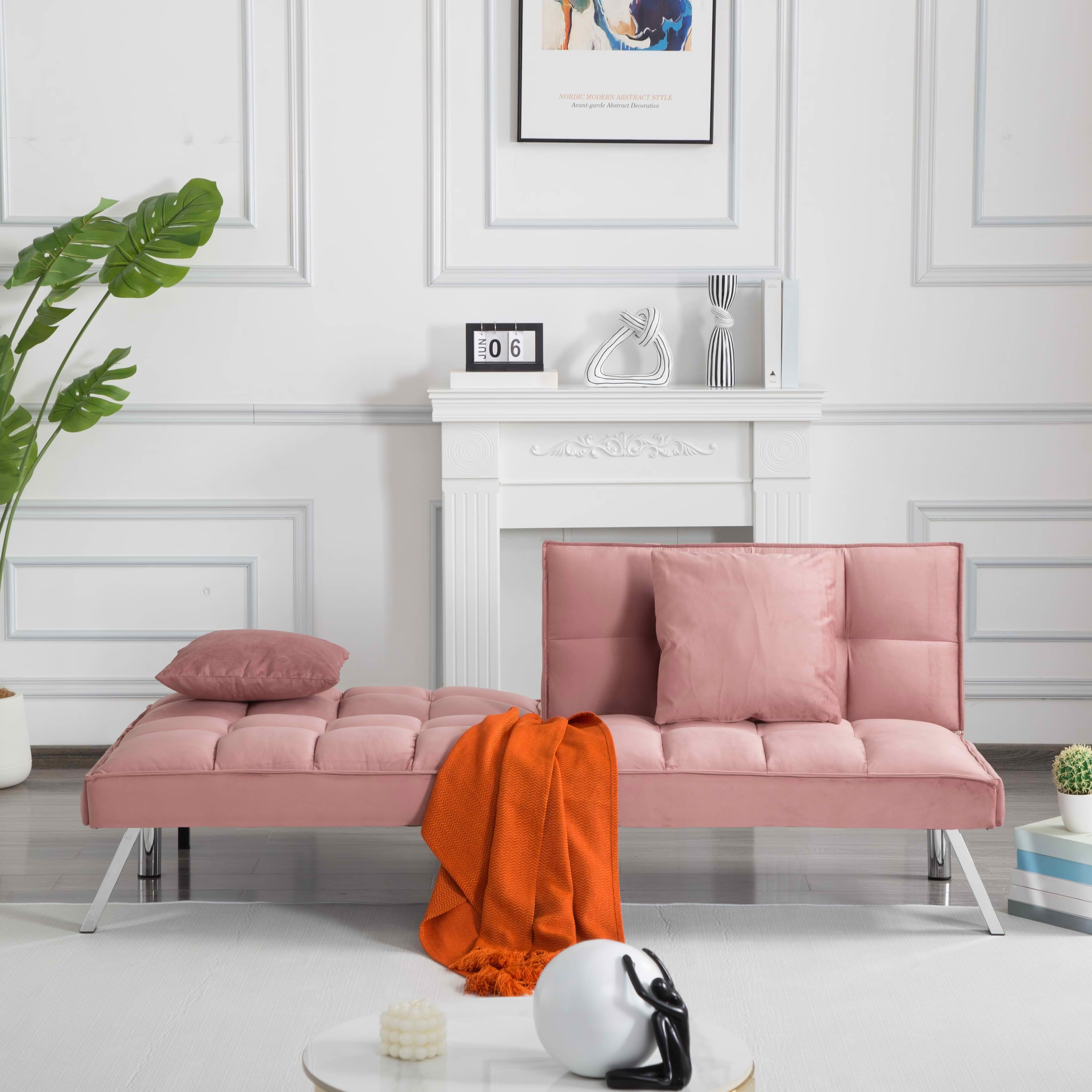 MAYEERTY 67.7" Futon Sofa Bed - 5-Position Adjustable Backrest, Velvet Upholstery, Tufted Design, 2 Pillows