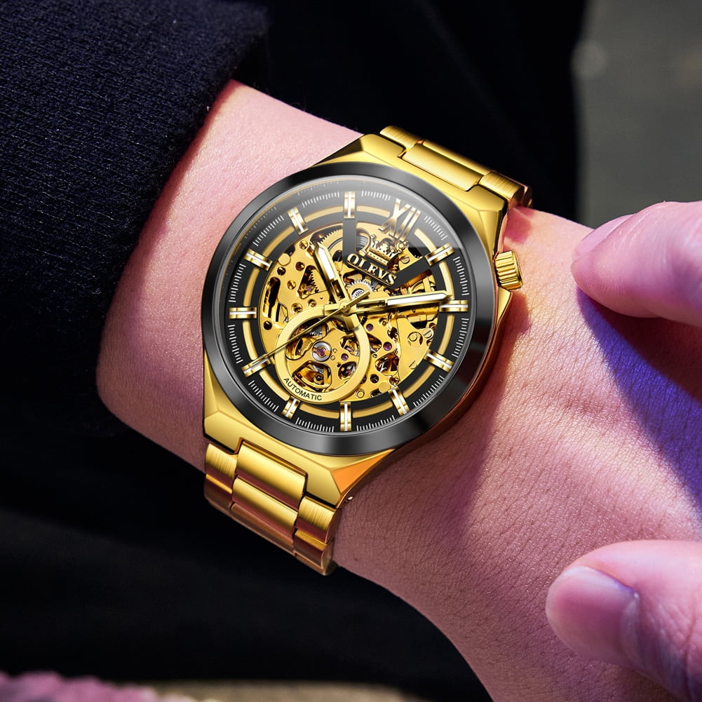 OLEVS Skeleton Watches for Men Luxury Dress Automatic Self Winding Mechanical Gold Plated Stainless Steel Waterproof Luminous Business Men Wrist Watch Reloj Para Hombre
