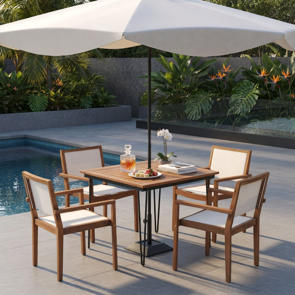 Hommoo 2-Pack Stackable Outdoor Dining Chairs with Acacia Wood Frame & Weather-Resistant Fabric, Ergonomic Design for Patio, Deck, Balcony, White+Natural