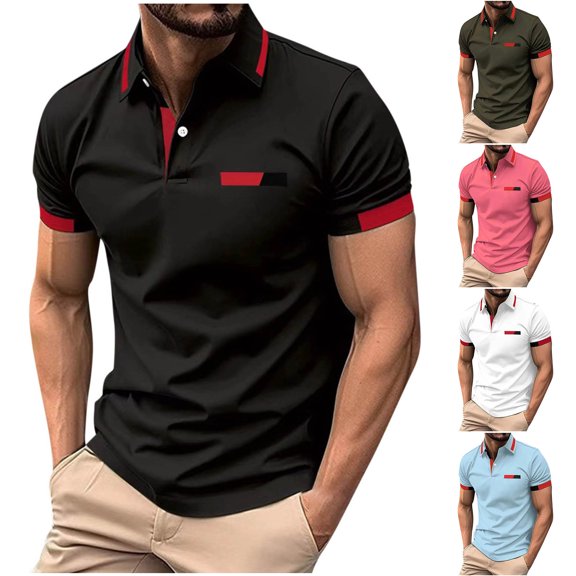 Wavsuf Summer polo Shirt Mens polo T-Shir Button T-Shirt Pink Size M