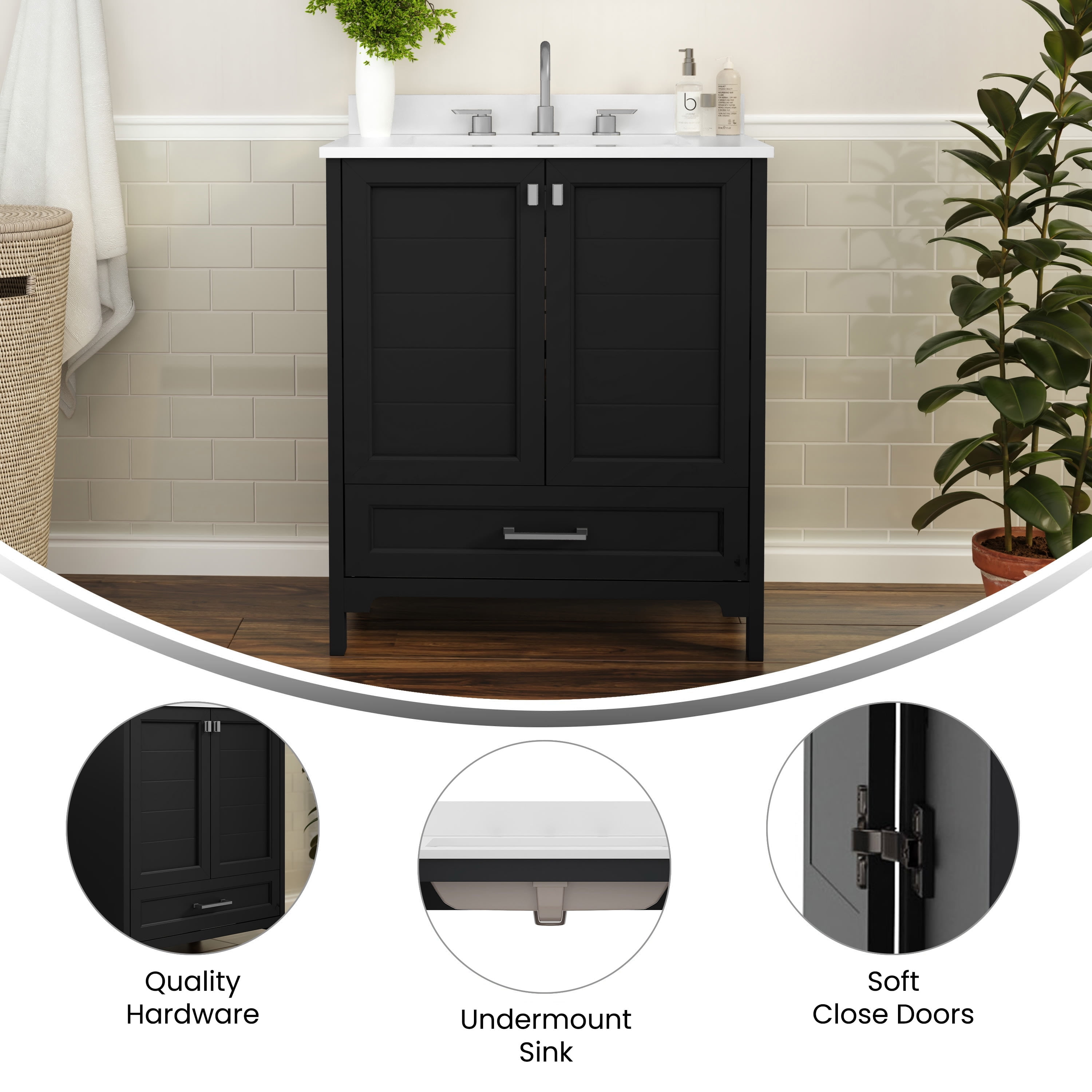 BizChair 30 Inch Bathroom Vanity with Sink, Storage Cabinet with Soft Close Doors and Bottom Drawer, Carrara Marble Finish Countertop, Black
