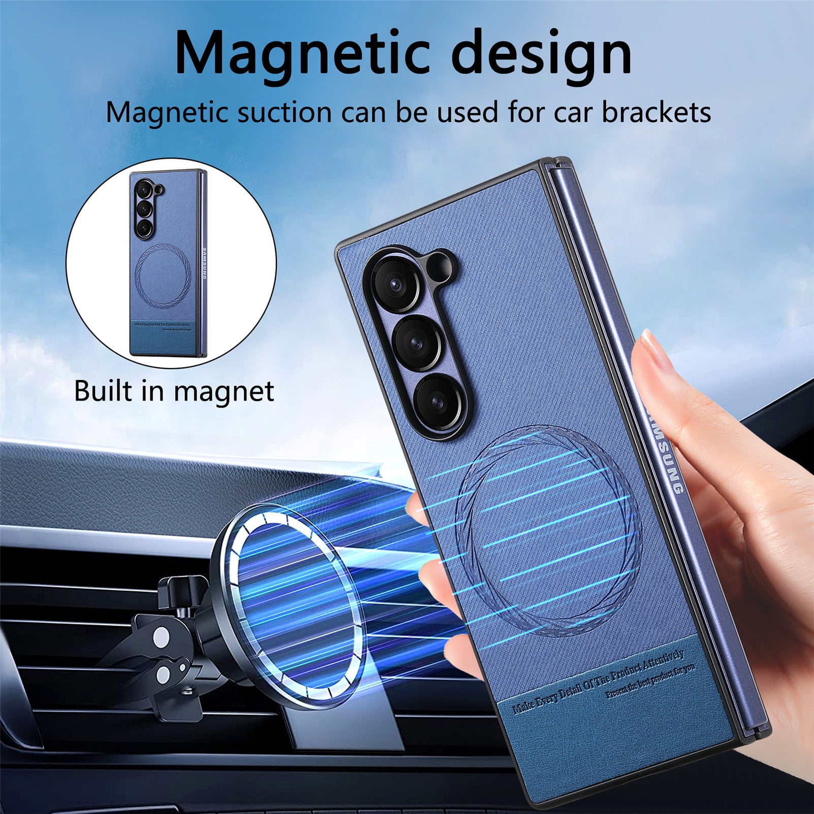 Allytechgroup for Samsung Galaxy Z Fold 3 Flip Case, Support Wireless Charging Anti-Scratch Built-in Grip Ring Shock-Absorbent PU Leather Protective Cover for Samsung Galaxy Z Fold 3, Blue