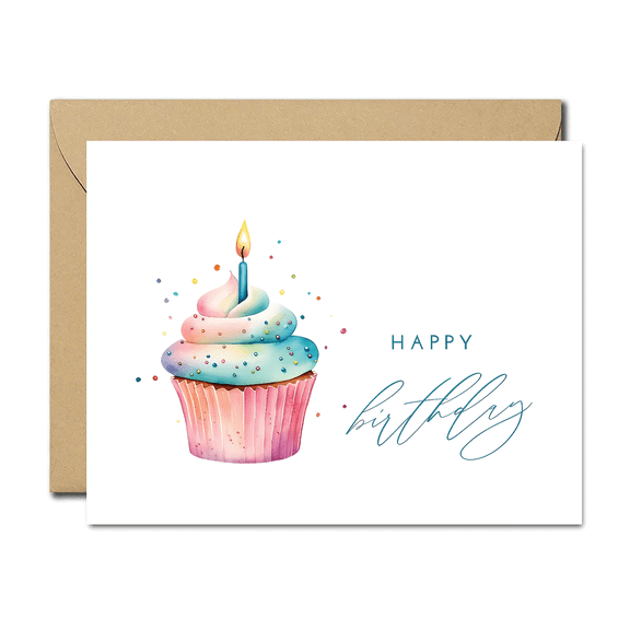 Happy Birthday Card with Cupcake Illustration – Colorful Design with Candle – Includes Envelope – Perfect Greeting for Friends, Family, and Loved Ones