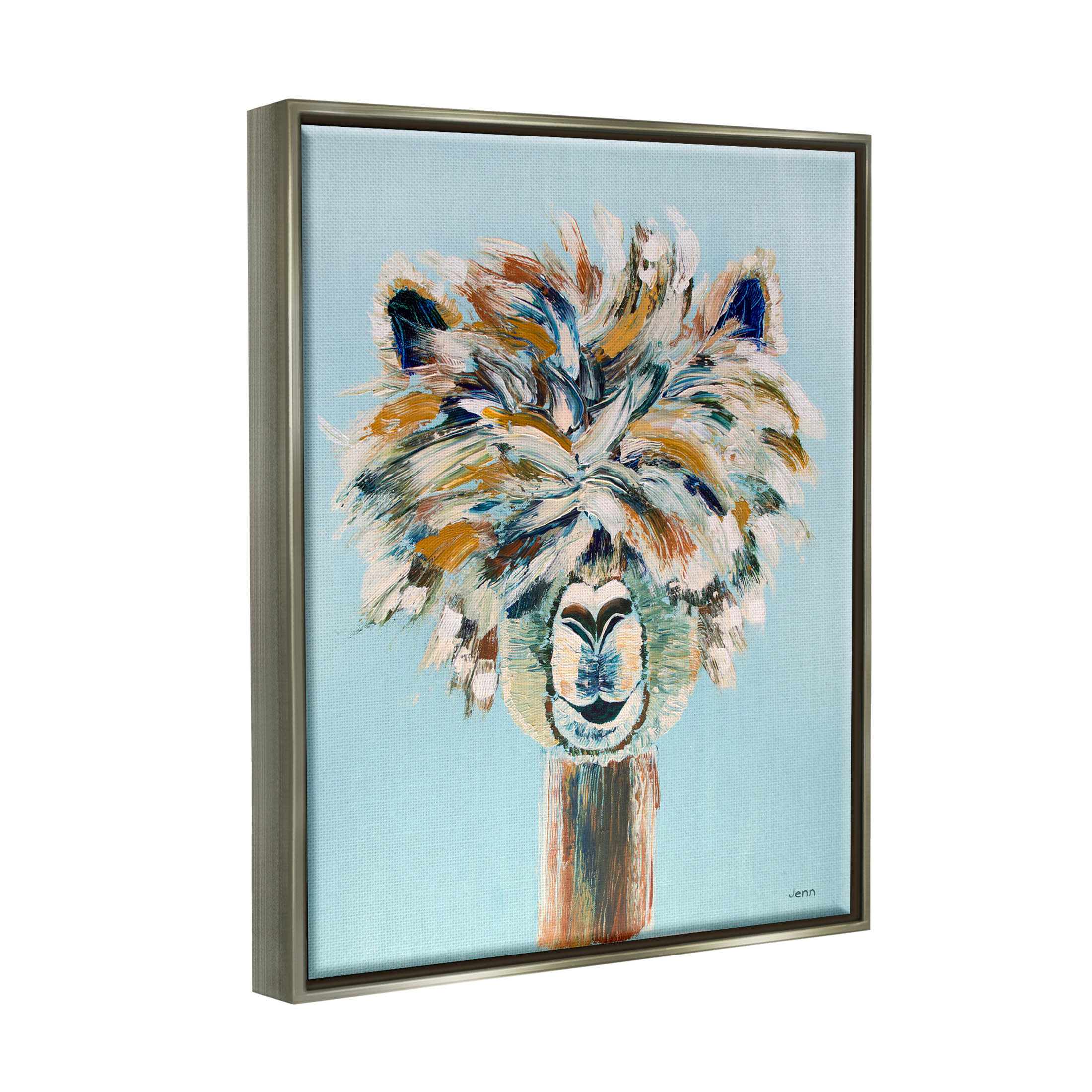Fluffy Alpaca Happy Animal Animals & Insects Painting Luster Gray Framed Art Print Wall Art