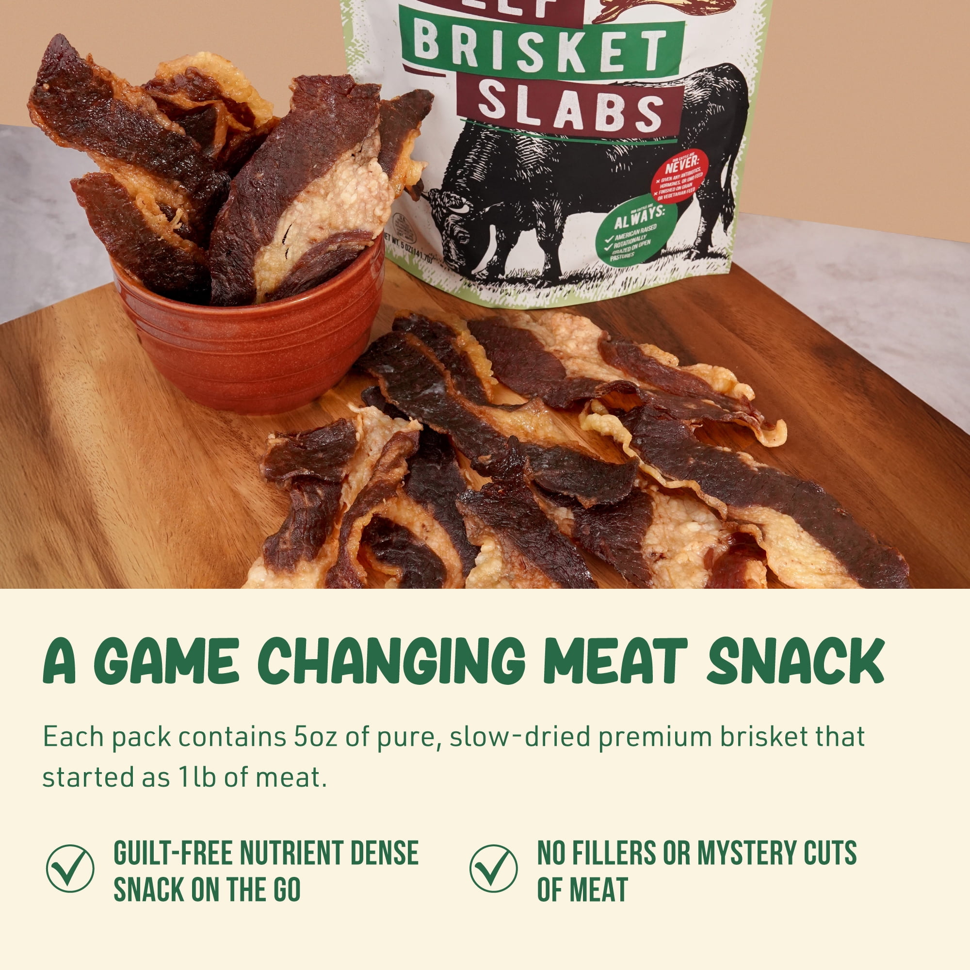 Grazly Beef Brisket Slab – Grass-Fed & Finished | Tender Beef Jerky Made with Only Meat & Salt | High-Protein Carnivore Snacks | Premium Brisket Jerky from 1lb Raw Meat | 5oz On-the-Go Snack Pack
