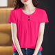 thumbnail image 2 of Tops de Manga Corta de Mujer Casual Botón de Color Sólido Plegado Cuello Redondo Suéter de Moda para el Hogar Y el Uso Diario, 2 of 8