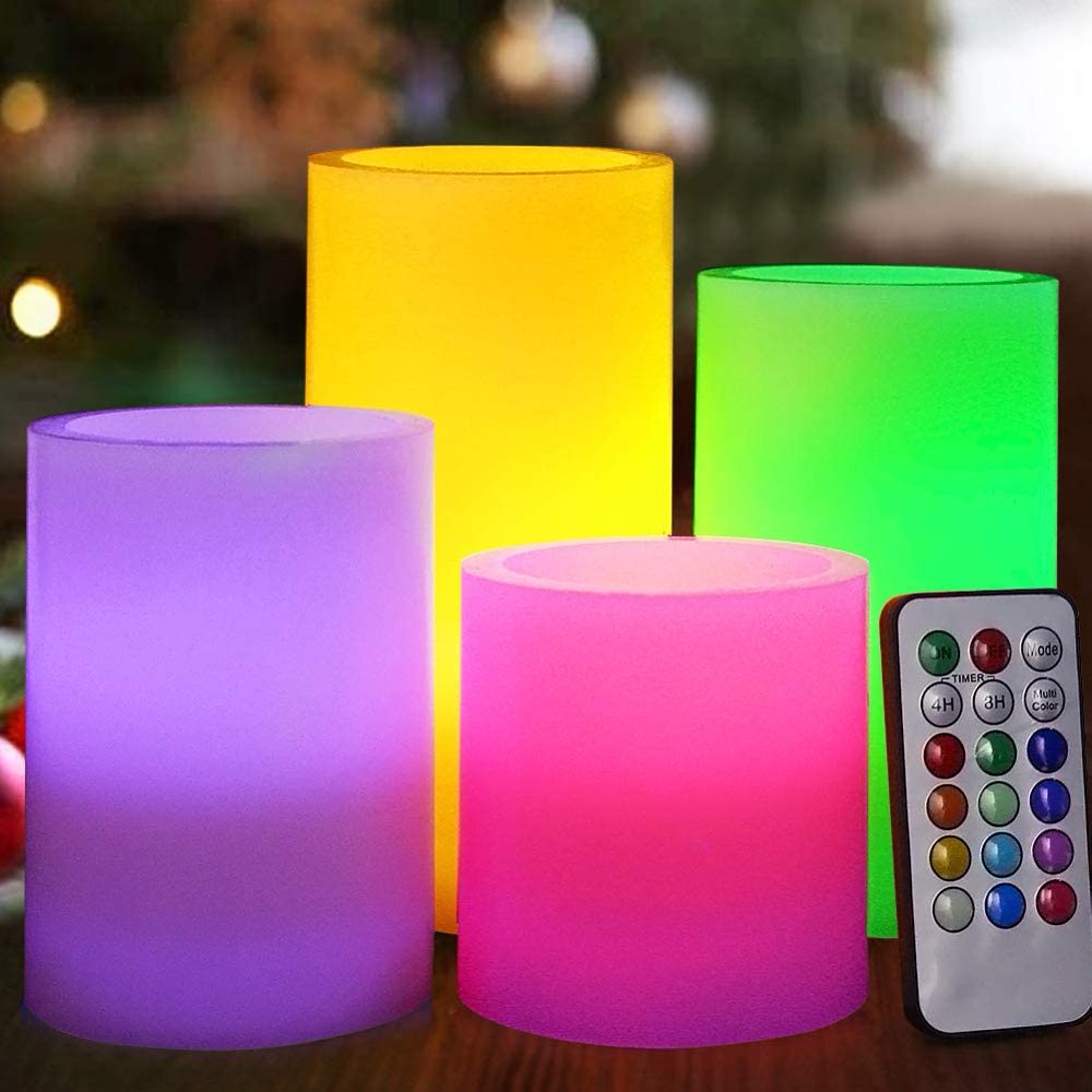 Set of 4 Flickering Real Wax Flameless LED Pillar Candles with Remote