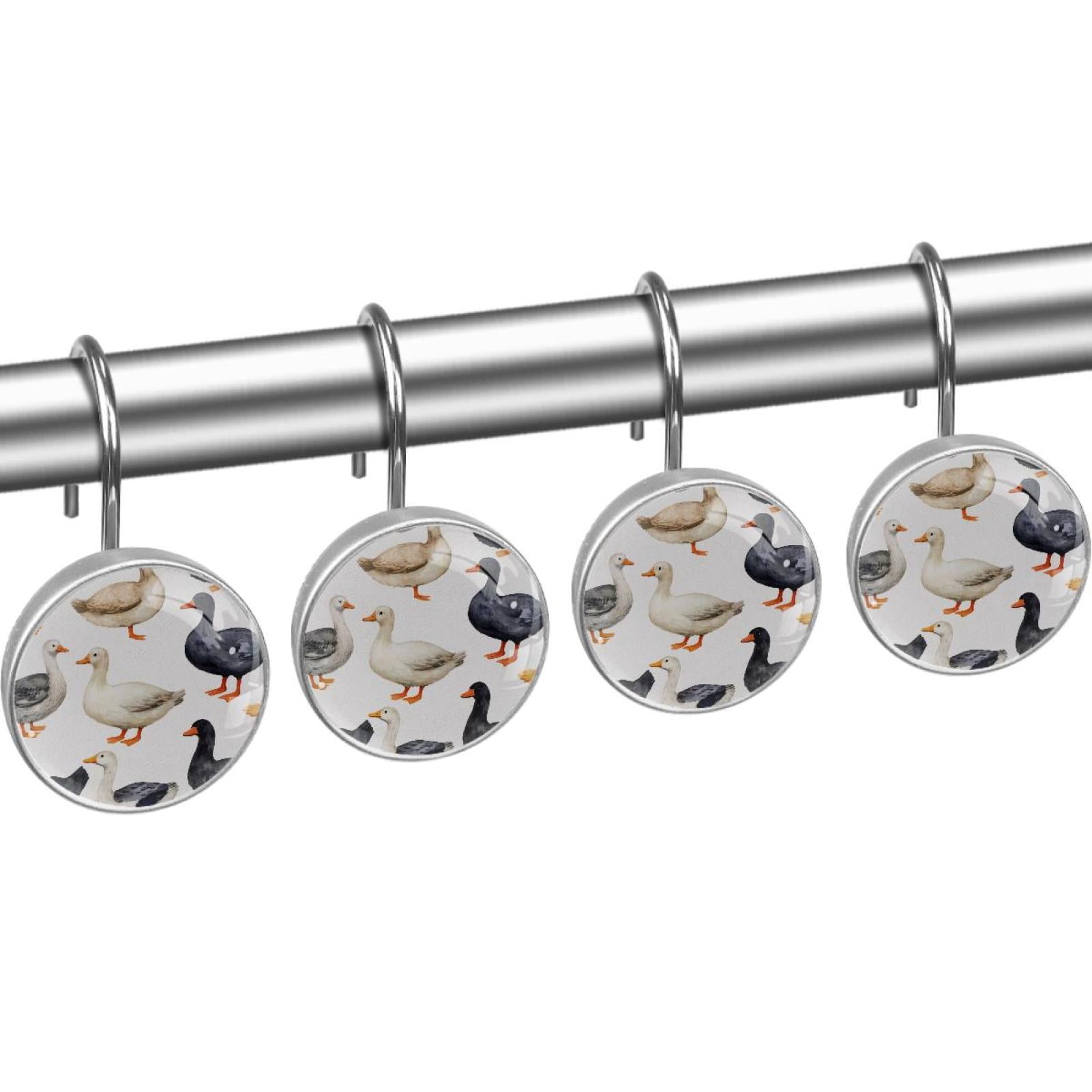 Black White Indian Runner Ducks Shower Curtain Hooks Round Crystal Glass, Set of 12 Shower Curtain Rings - Shower Hooks for Curtain Shower Rings