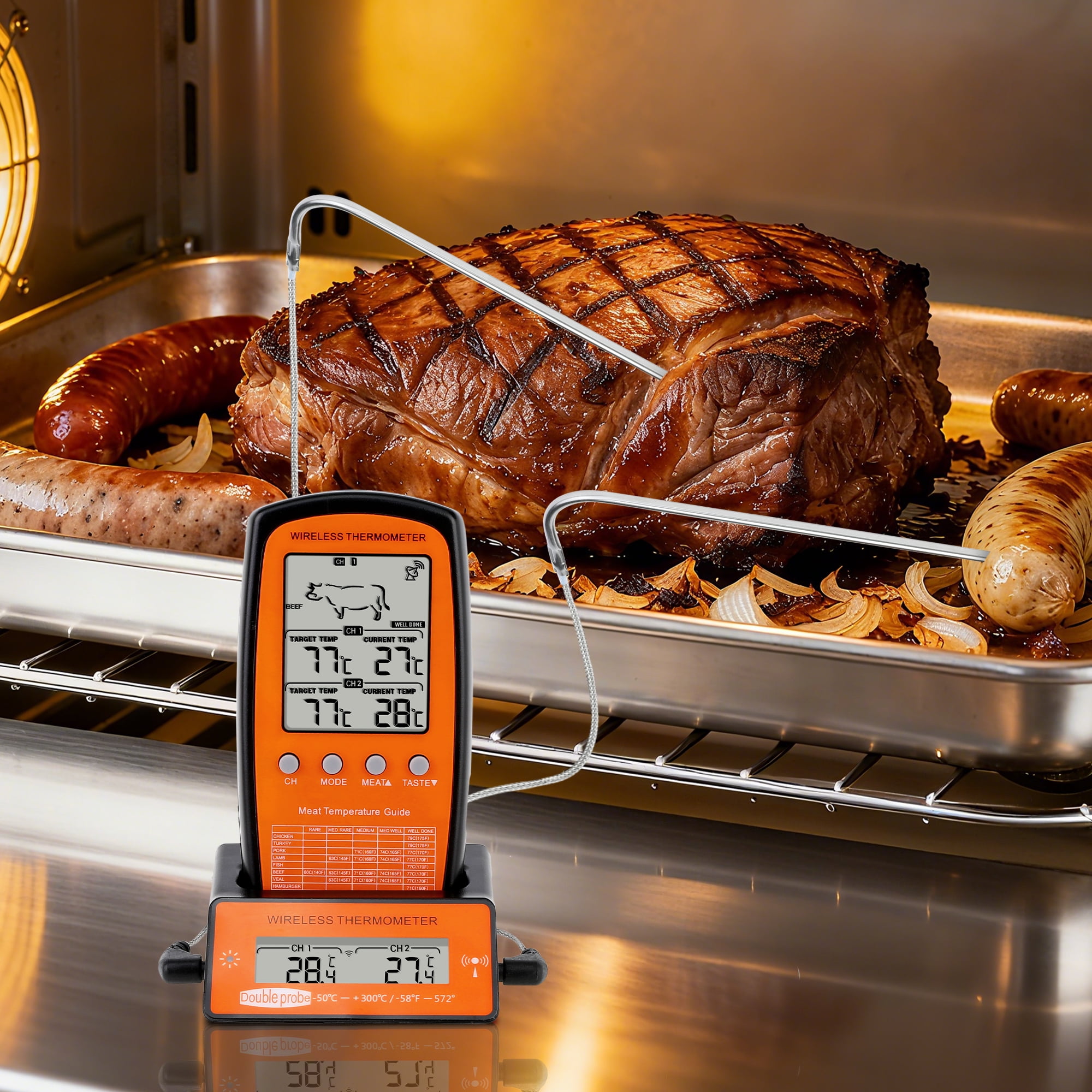 Unique Bargains Digital Meat Thermometer with 2 Temperature Probes Black/Yellow