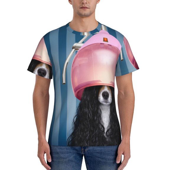 Vsdgher Dog in Hairdresser Print Men's Dry Fit Mesh Athletic Shirts Moisture Wicking Tennis T-Shirt Tops