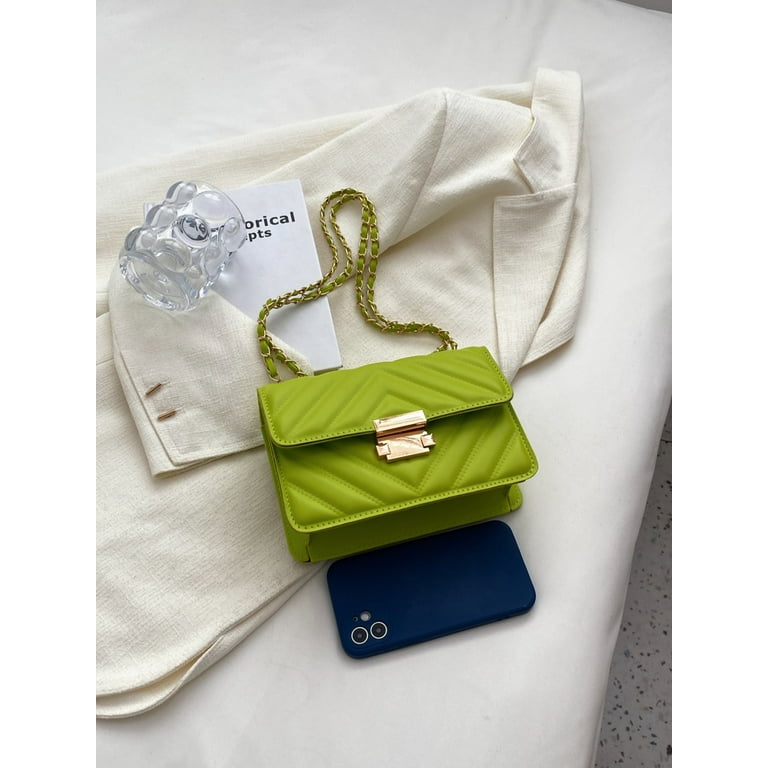 Mini Neon Lime Chevron Detail Flap Chain Square Bag Chevron Quilted Crossbody Bag Trendy Mini Chain Shoulder Bag Women s Faux Leather Flap Purse
