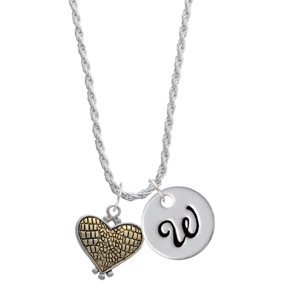 Delight Jewelry Two-tone Alligator Print Heart Silvertone Script Initial Disc - W - Charm Necklace, 20"+3"