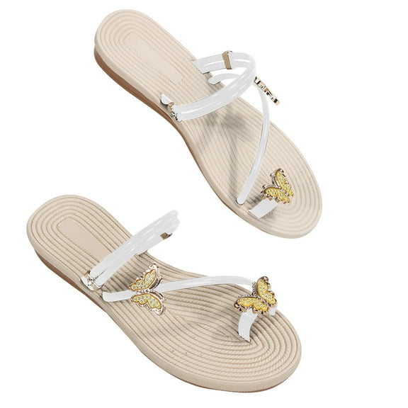Women's Slides Sandals Summer Fashion Rhinestone Butterfly Flat Sandals Toe Ring Slip On Beach Sandals Flip Flops