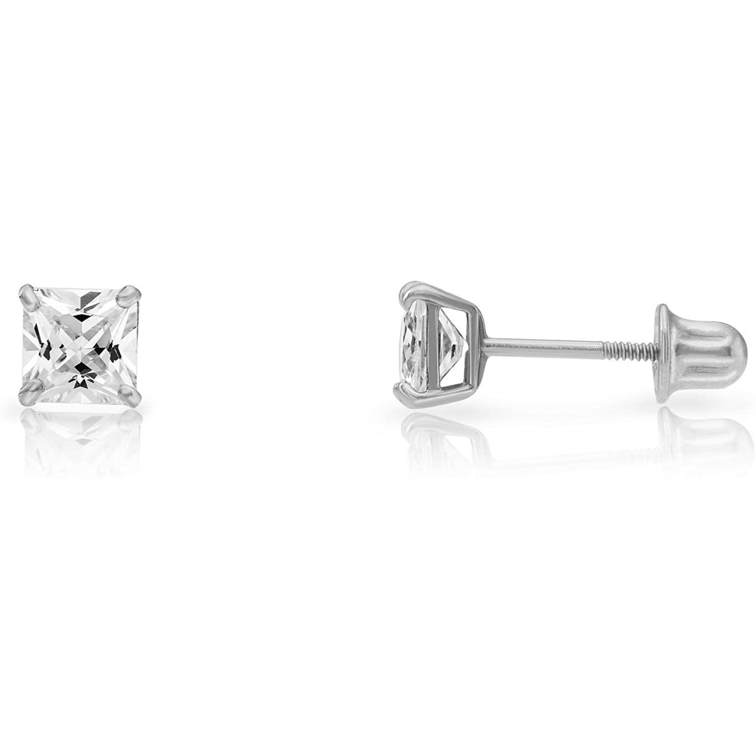14k White Gold 5mm Cubic Zirconia Princess-cut Square Stud Earrings with Screw Backs